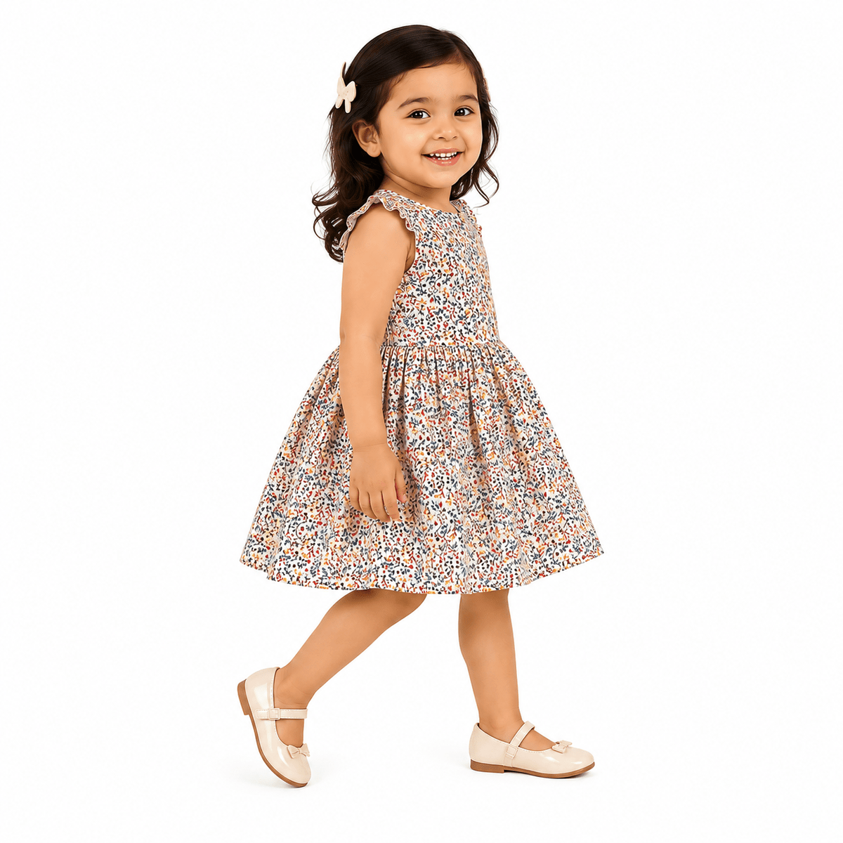 Urban Jipsy Girls Cream Floral Fit & Flare Cotton Dress - MAHERA CREATIONS PRIVATE LIMITED
