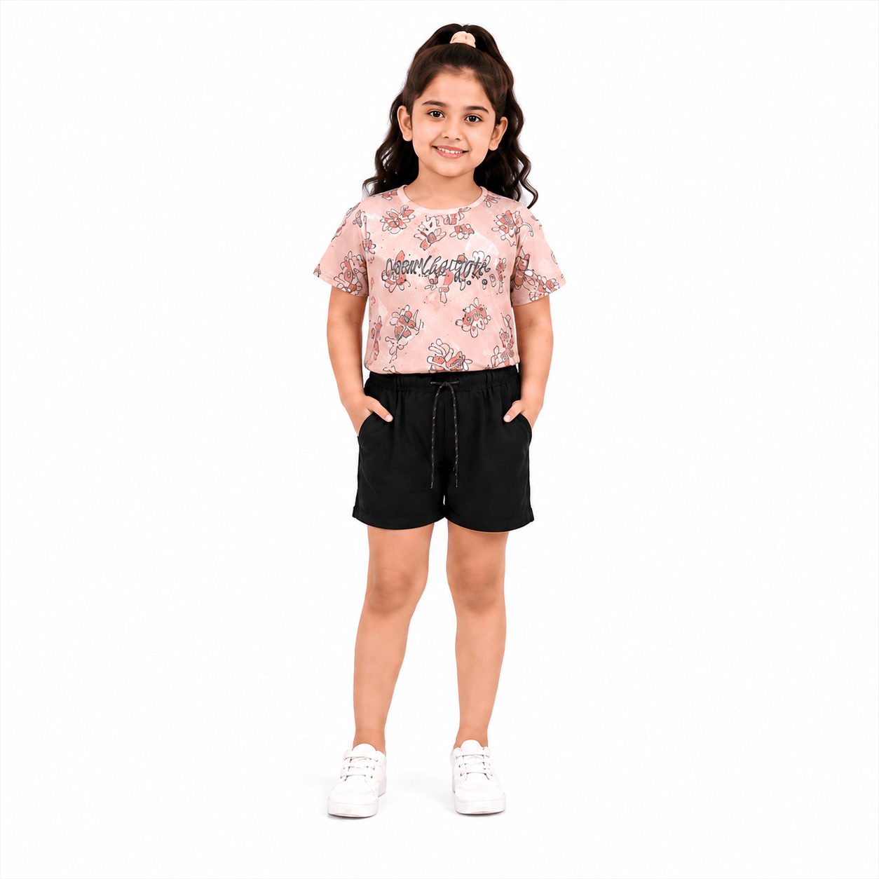 Urban Jipsy Girls Love Together Cotton Co-Ord Set | Printed T-Shirt & Black Shorts Set - MAHERA CREATIONS PRIVATE LIMITED