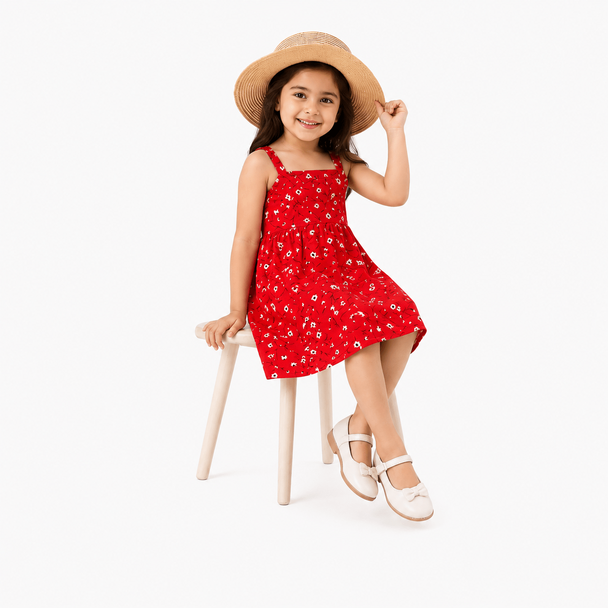 Urban Jipsy Girls Red Floral Fit & Flare Cotton Dress - MAHERA CREATIONS PRIVATE LIMITED