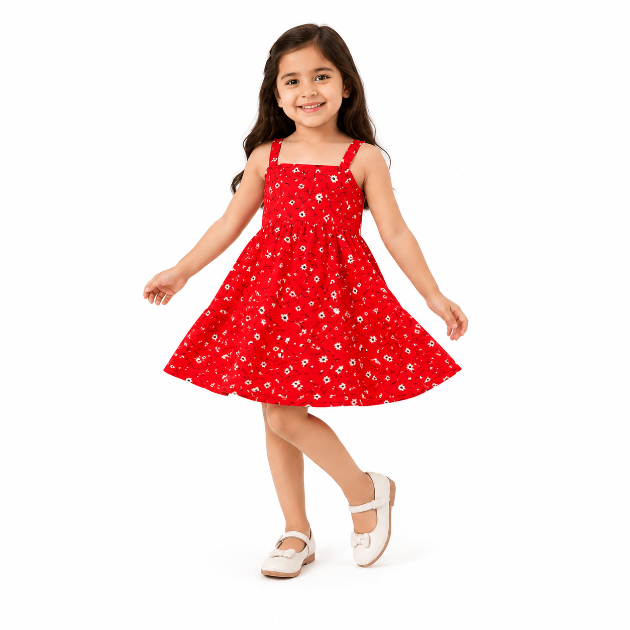 Urban Jipsy Girls Red Floral Fit & Flare Cotton Dress - MAHERA CREATIONS PRIVATE LIMITED