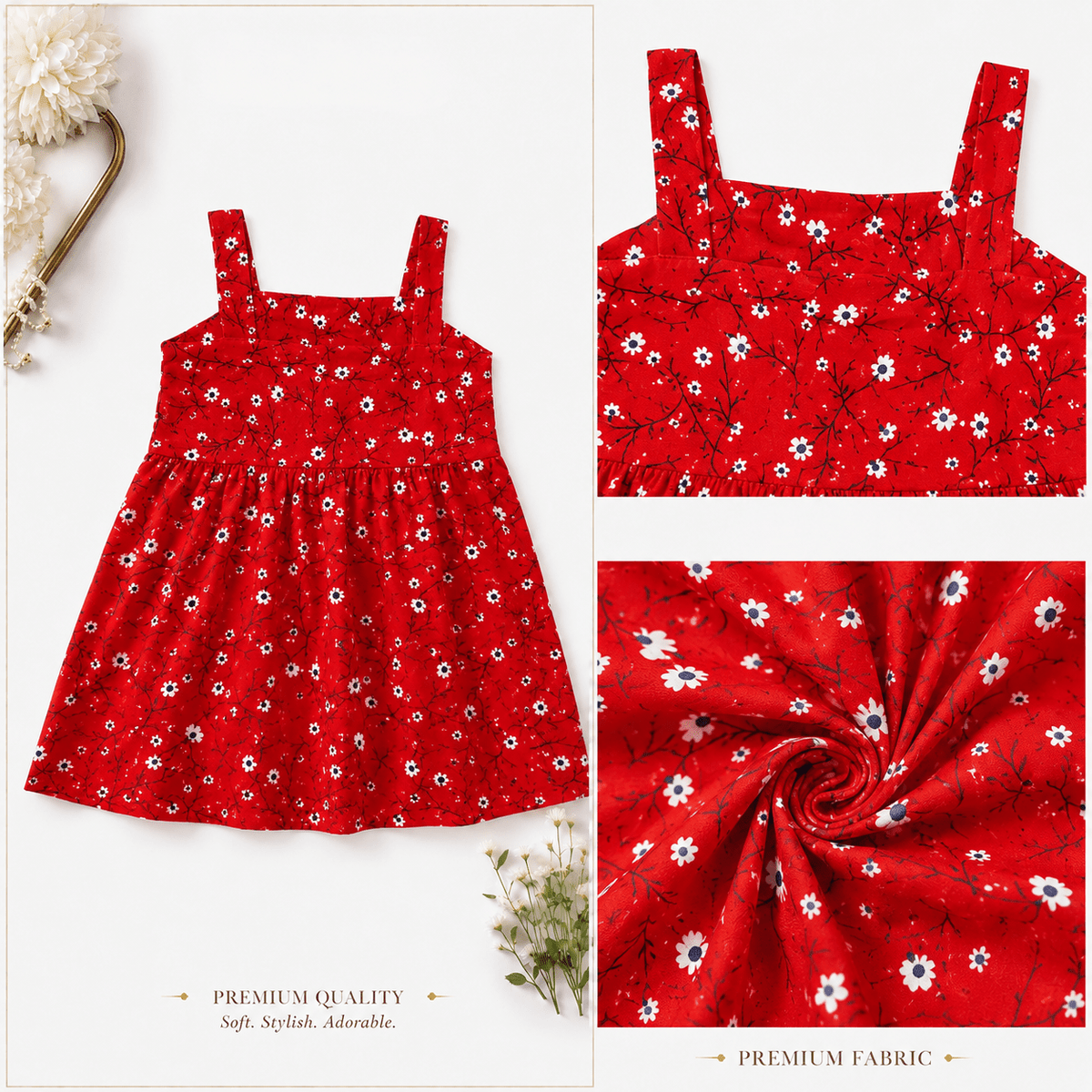Urban Jipsy Girls Red Floral Fit & Flare Cotton Dress - MAHERA CREATIONS PRIVATE LIMITED