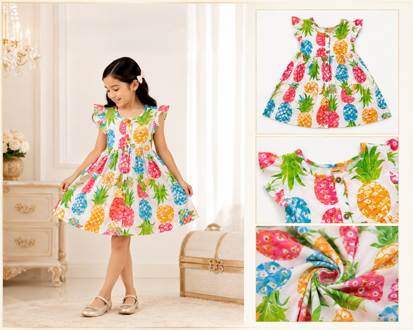 Urban Jipsy Girls Tropical Pineapple Printed Fit & Flare Dress - MAHERA CREATIONS PRIVATE LIMITED